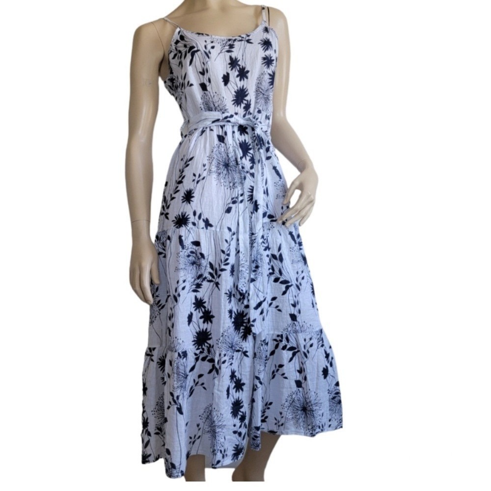 Valentina‎ Naldi 100% Linen Floral Tiered Midi Dress L Blue White Italy Coastal